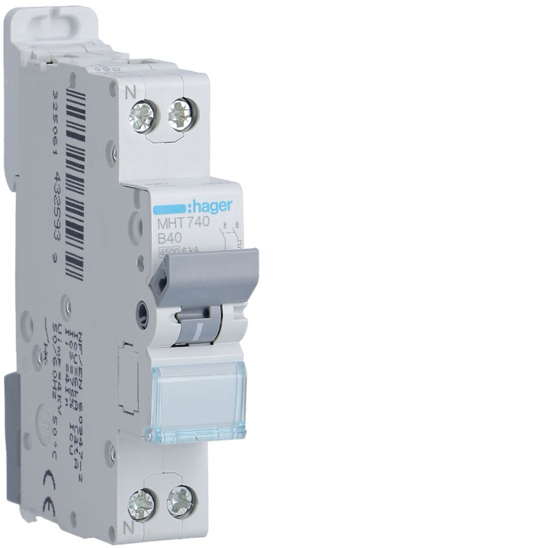 Hager MHT740 Disjoncteur 40A 1P+N 4,5-6kA courbe B 1Module