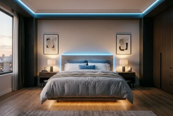 Lit master avec ruban led chambre sous le cadre et autour de la tête de lit, ambiance bleu doux, tables de chevet et lampes, plafond et corniche éclairés.
