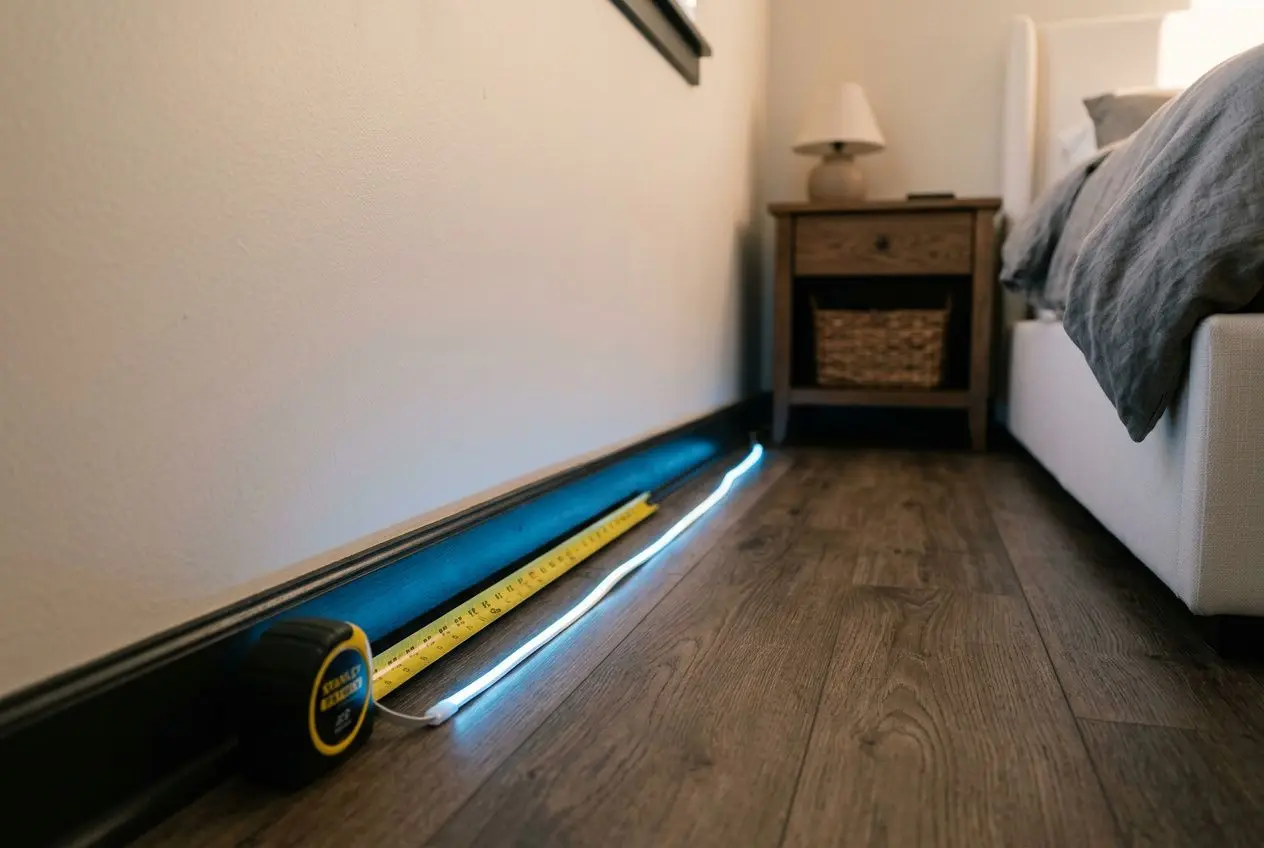 Ruban led chambre posé au sol le long d’un mur, près d’un lit avec lampe et table de chevet.