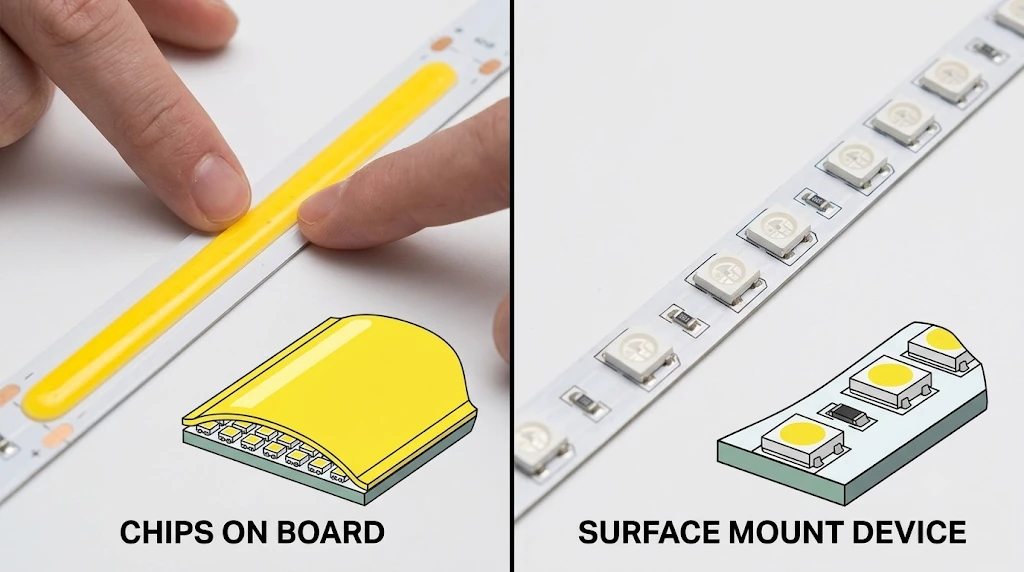 Schéma comparant LED SMD 5050 (trois petites LED dans des boîtiers) vers COB rectangulaire, démontrant une configuration de ruban led chambre.